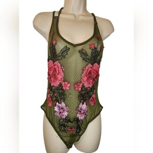 Top Chic Olive Green Sheer Mesh Floral Embroidered Bodysuit - One Size (M/L)